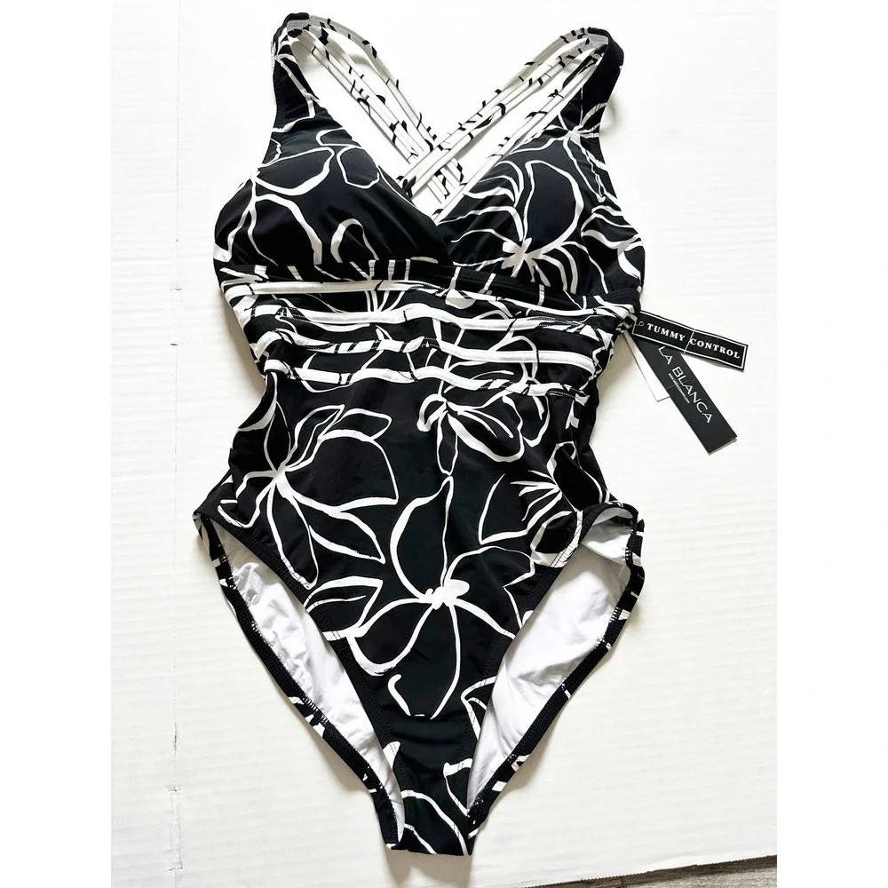 La Blanca One Piece Moonlit Silhouette Swimsuit 12 Black‎ FloralStrappy Back